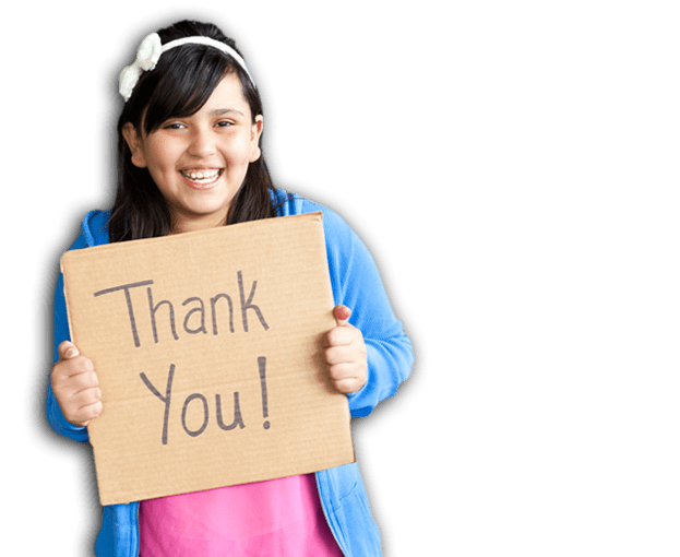 Cheerful Latina girl holding handwritten thank you note referring to pro-life mutual fund.